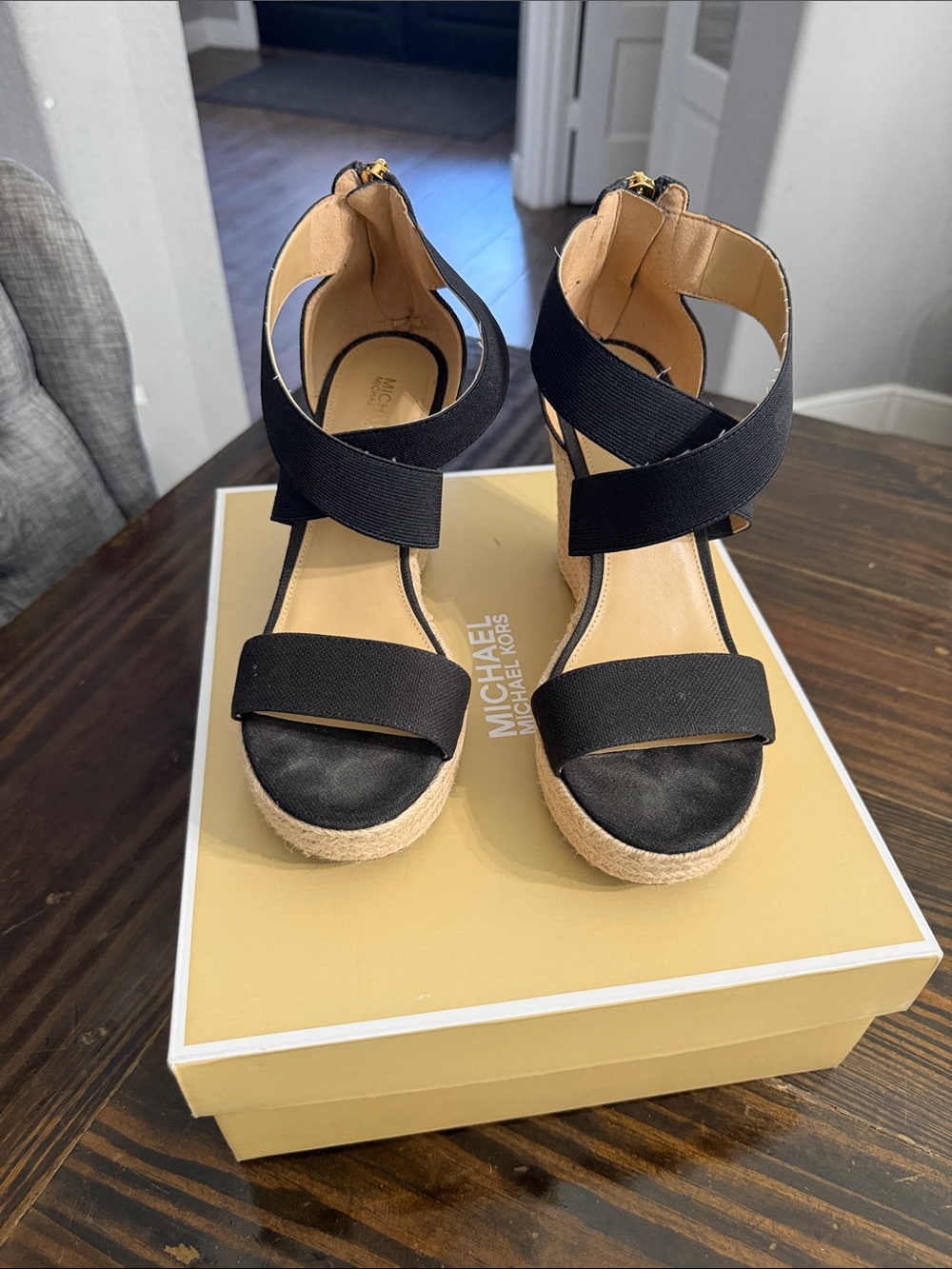 Michael Kors Black Elastic Crisscross Wedge Sandals